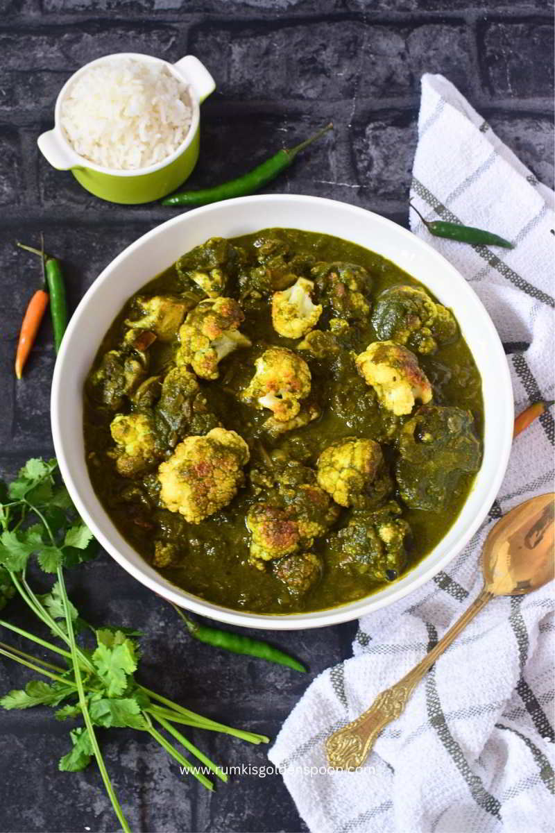 hariyali gobi, gobi palak gravy, how to make hariyali gobi, palak gravy recipe, what is hariyali, hariyali gravy, palak gobi ki sabji, Indian recipe, Indian veg recipe, cauliflower recipe Indian, spinach recipe Indian, Indian food, shak cauliflower, hariyali recipe, palak gobi sabji, Rumki's Golden Spoon