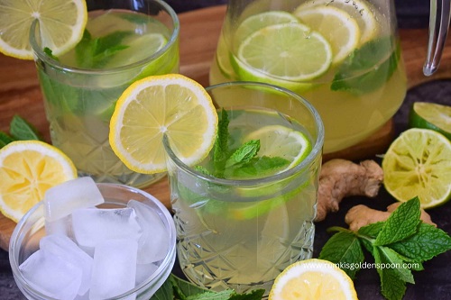 mint lemon drink recipe, summer cooler, summer cooler drink, ginger mint lemonade, lemonade with ginger and mint, ginger mint lemon water, lemon mint ginger water benefits, lemon ginger and mint drink, ginger and mint lemonade, mint lemon and ginger water benefits, mint and ginger drink, mint lemon ginger drink, summer drinks recipes, summer drinks in India, beverage recipe, Rumki's Golden Spoon