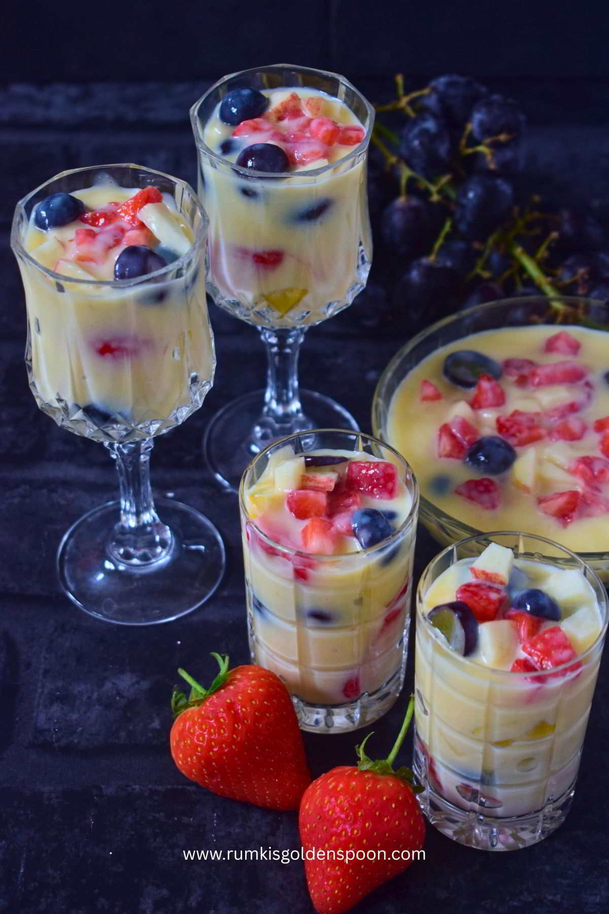 fruit custard recipe, fruit salad with custard recipe,simple fruit custard recipe, fruit custard recipe with custard powder, healthy fruit custard recipe, best fruit custard recipe, how to make fruit custard recipe, healthy dessert recipe, summer dessert recipe, summer dessert, Rumki's Golden Spoon
