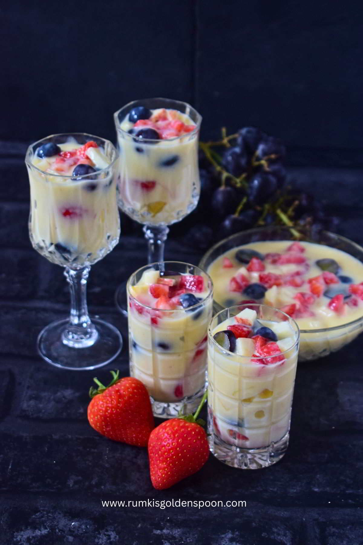 fruit custard recipe, fruit salad with custard recipe,simple fruit custard recipe, fruit custard recipe with custard powder, healthy fruit custard recipe, best fruit custard recipe, how to make fruit custard recipe, healthy dessert recipe, summer dessert recipe, summer dessert, Rumki's Golden Spoon