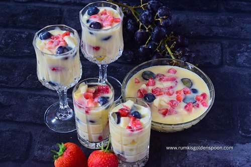 Fruit custard recipe | Fruit salad with custard recipe | How to make fruit custard fruit custard recipe, fruit salad with custard recipe,simple fruit custard recipe, fruit custard recipe with custard powder, healthy fruit custard recipe, best fruit custard recipe, how to make fruit custard recipe, healthy dessert recipe, summer dessert recipe, summer dessert, Rumki's Golden Spoon