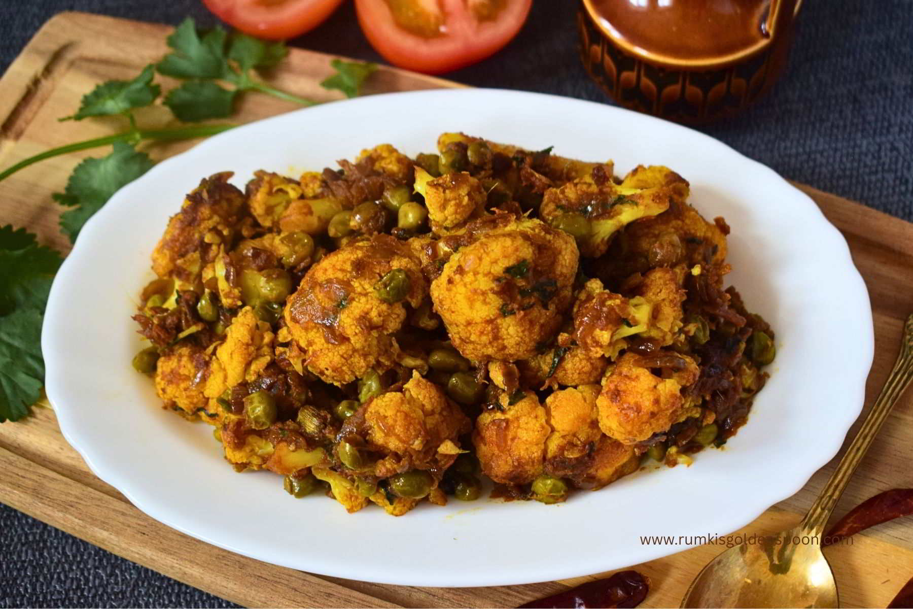 gobi matar masala, gobi matar recipes, gobi matar recipe, gobi matar ki sabji, cauliflower peas curry, cauliflower and peas curry, cauliflower and green peas curry, gobi matar sabji, gobi matar recipe restaurant style, cauliflower matar curry, gobi mutter masala recipe, gobi matar masala dry, how to make gobi matar, cauliflower peas dry curry, gobi and matar recipe, gobi mutter masala restaurant style, gobi matar ki sukhi sabji, gobi matar dry sabzi, cauliflower recipe Indian, Indian veg recipes, Rumki's Golden Spoon